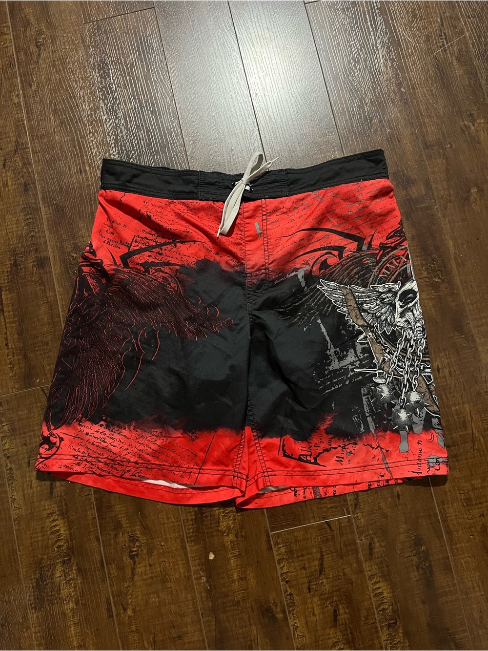 Men's Red and Black Graphic Swim Board Shorts with Drawstring